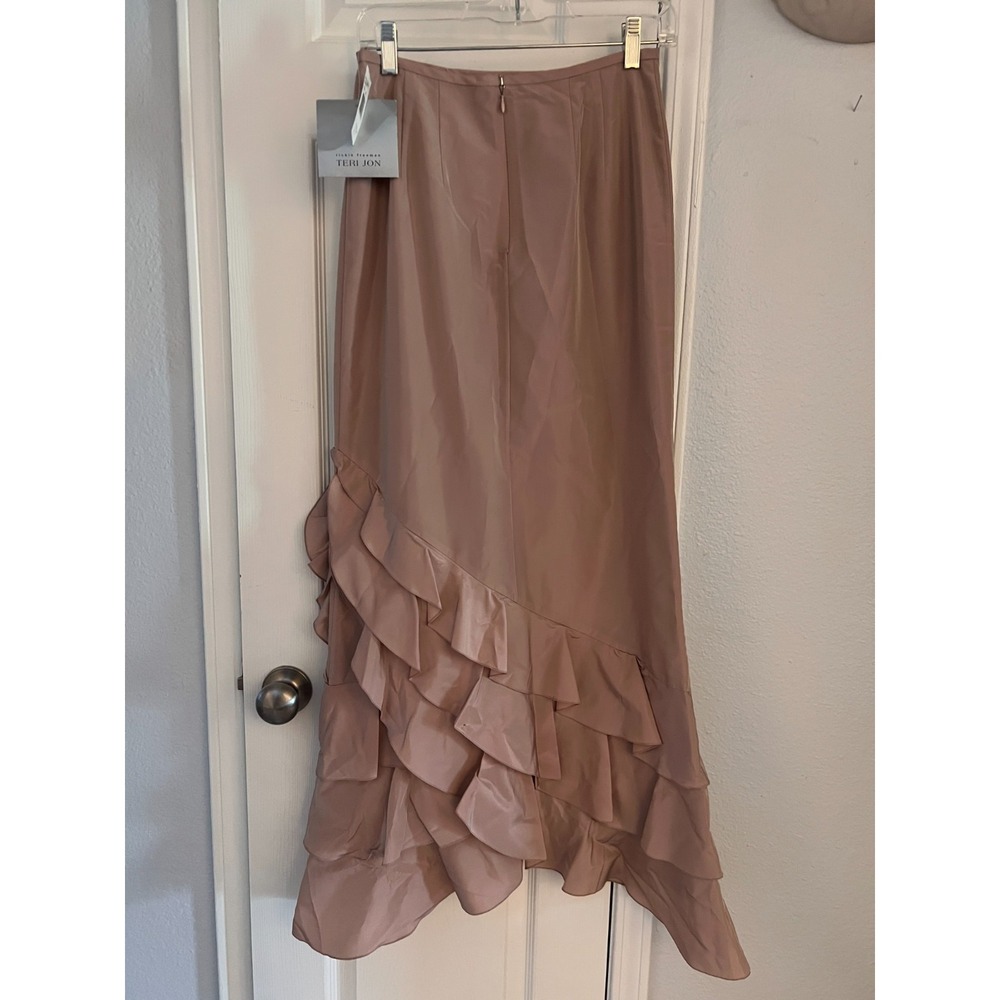 Teri Jon Rickie Freeman Women's 4 Formal Long Skirt Taupe Ruffle Rosette NW $390